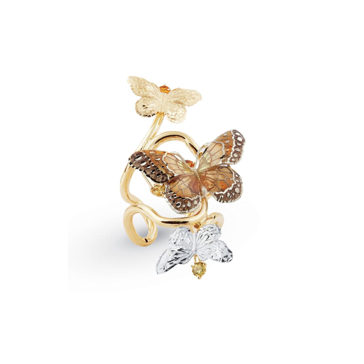 3 Butterflies ring in two-tone 18kt gold, cathedral enamel and Swarovski ™ stones - AC057-MN
