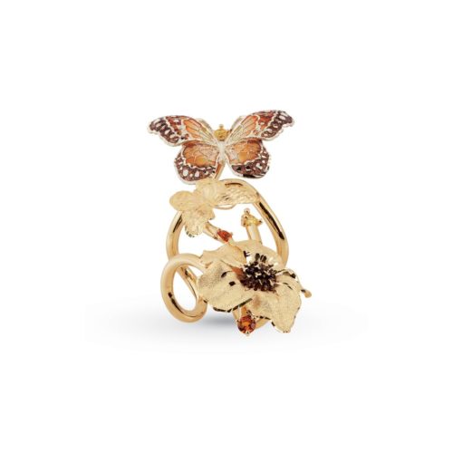 2 Butterflies and Flower Ring in 18kt two-tone gold, cathedral enamel and Swarovski ™ stones - AC078-MQ