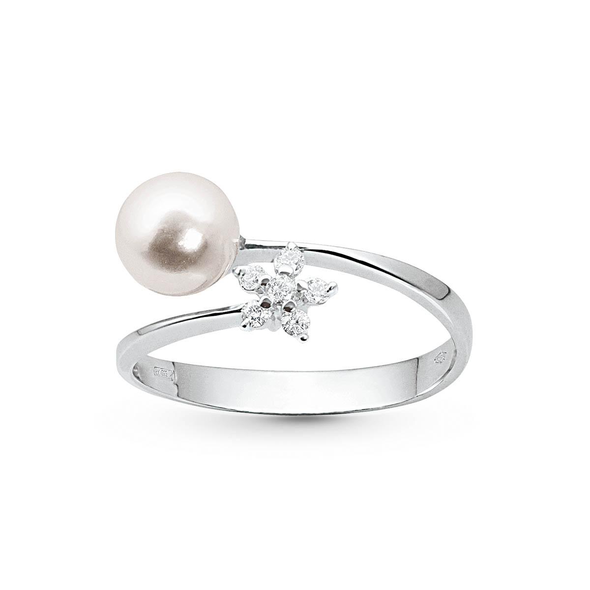 18 kt white gold ring with star diamonds and sea pearl 6-6.50 mm - AD189-LB
