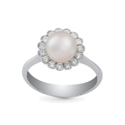 18 kt white gold ring with diamonds and 7-7.5 mm sea pearl - AD477-LB