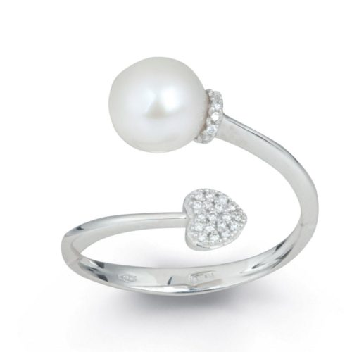 Contrariè ring in 18 kt white gold with diamond pavé heart and sea pearl 7-7.50 mm - AD717-4B
