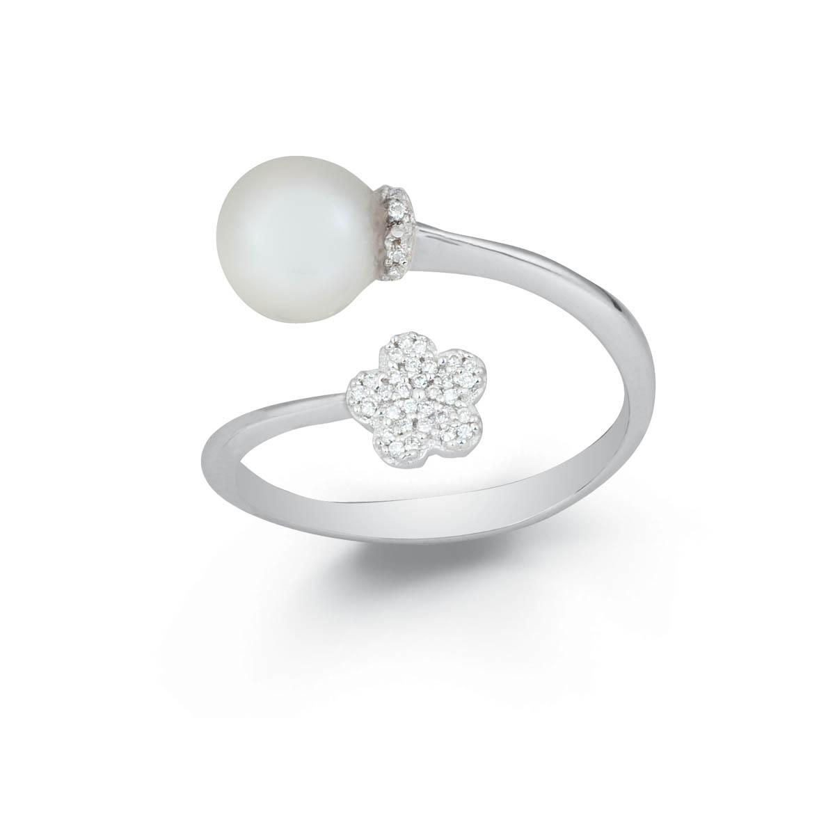 Contrariè ring in 18 kt white gold with diamond pavé flower and sea pearl 7-7.50 mm - AD718-4B