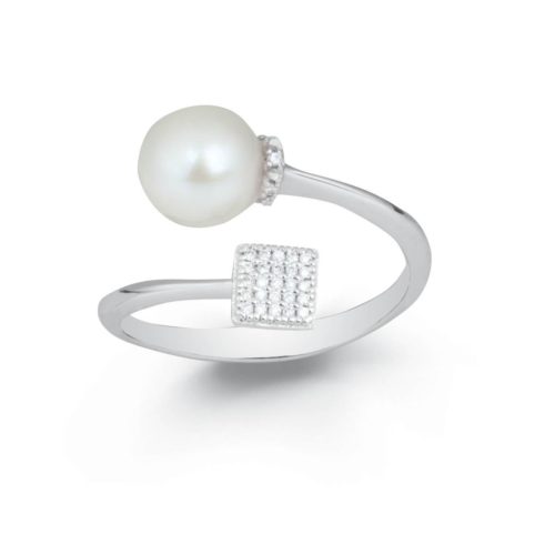 Contrariè ring in 18 kt white gold with square pavé diamonds and 7-7.50 mm sea pearl - AD720-4B
