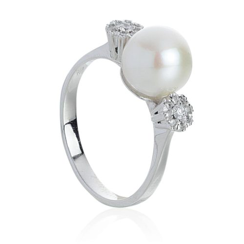 18 kt white gold ring with diamonds and 8.5-9mm sea pearl - AD781-LB
