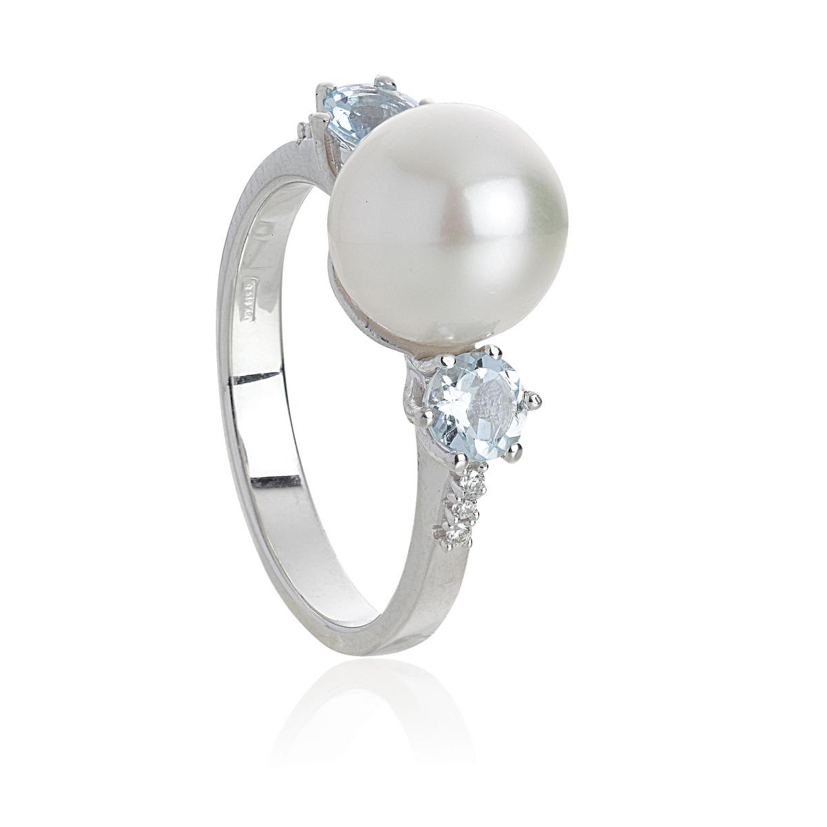 18 kt white gold ring with aquamarine, diamonds and sea pearl 8.50-9mm - AD788/AC-LB