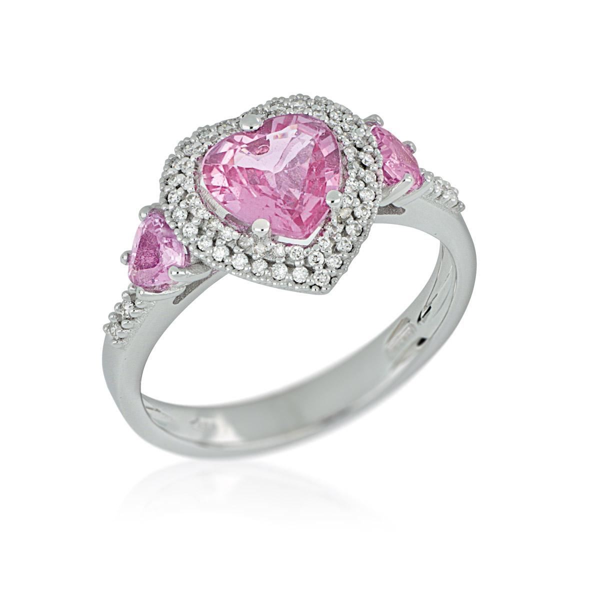 18kt white gold ring with diamonds and heart-shaped pink sapphires - AD921/ZR-LB