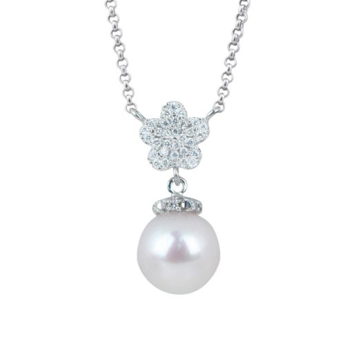 18 kt white gold necklace with diamond pavé flower and sea pearl 7-7.50 mm - CD484-4B
