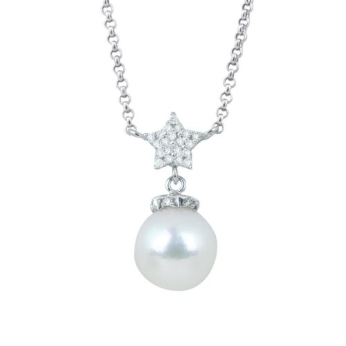 18 kt white gold necklace with diamond pavé star and 7-7.50mm sea pearl - CD486-4B