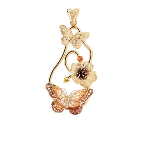 2 Butterflies and Flower Pendant in 18kt two-tone gold, cathedral enamel and Swarovski ™ stones - DCA250-MQ