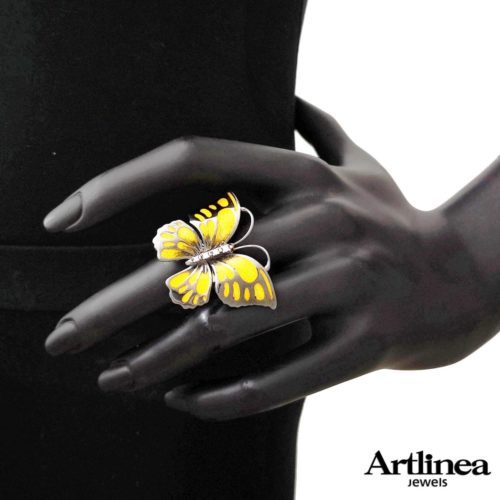Large enamelled butterfly silver ring