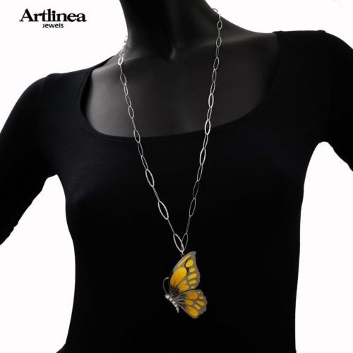 Large silver enameled butterfly necklace