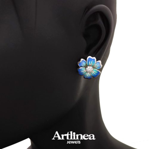 Silver enameled flower earrings
