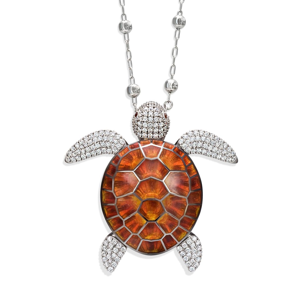 Silver necklace with large enameled turtle pendant