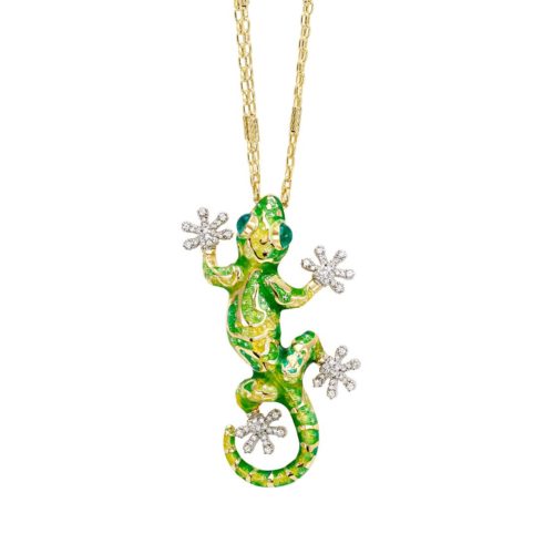 Small enameled gecko pendant silver necklace