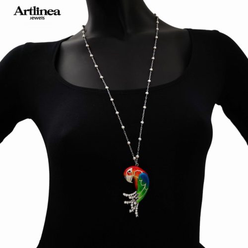 Silver necklace with large enameled parrot pendant
