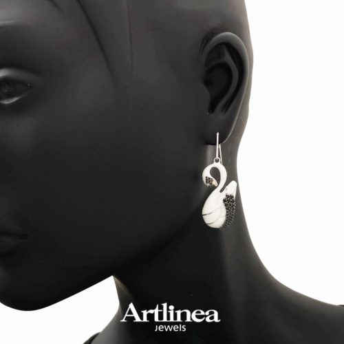 Silver enamel swan pendant earrings