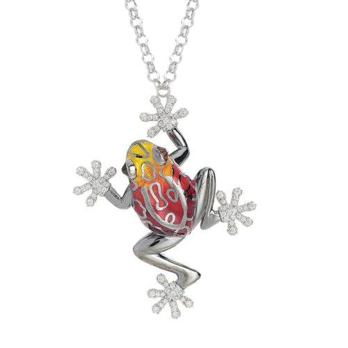 Silver necklace with large enameled frog pendant