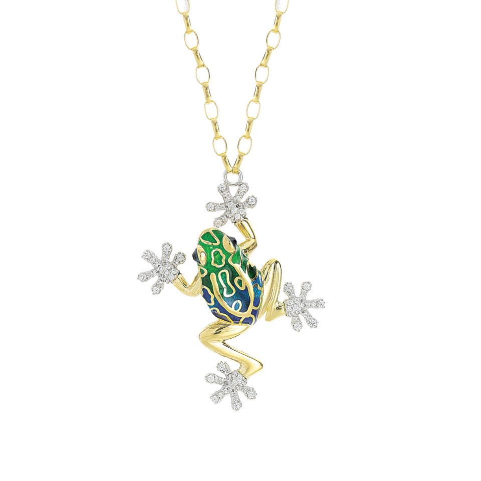 Silver necklace with small enameled frog pendant