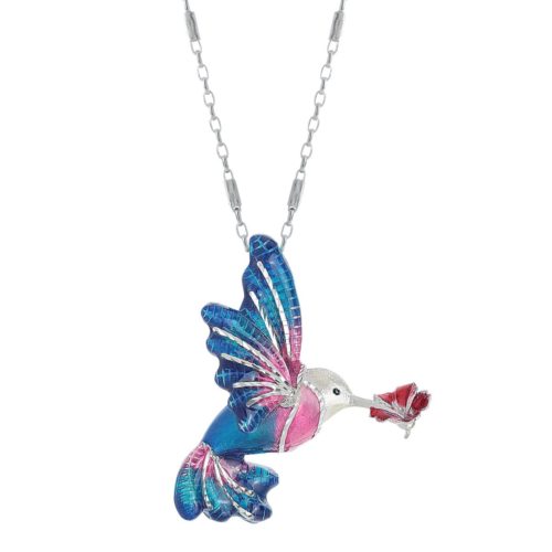Silver necklace with large enameled hummingbird pendant