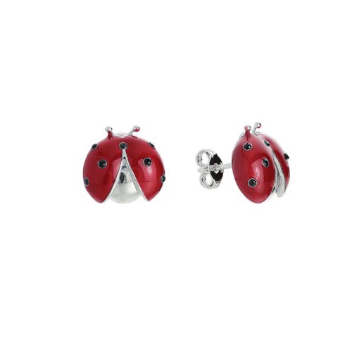 Silver enameled ladybug pendant earrings