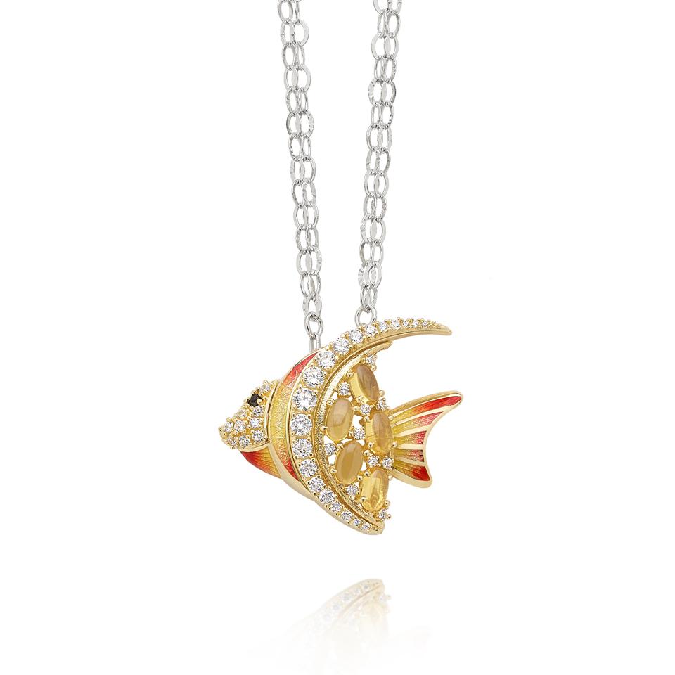 Small enameled fish silver necklace