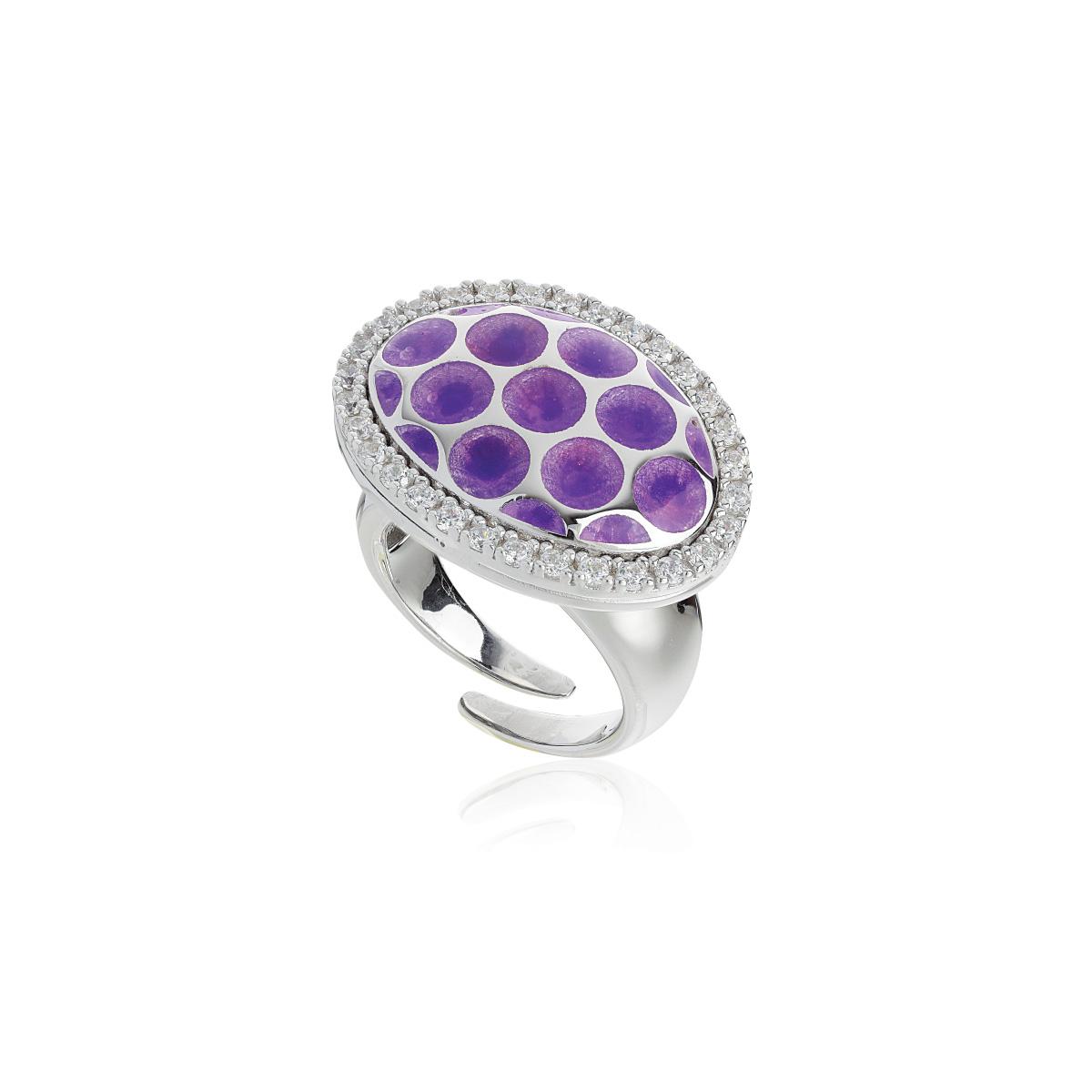 Ring in 925 rhodium-plated silver, hand-made enamelling, and cubic zirconia