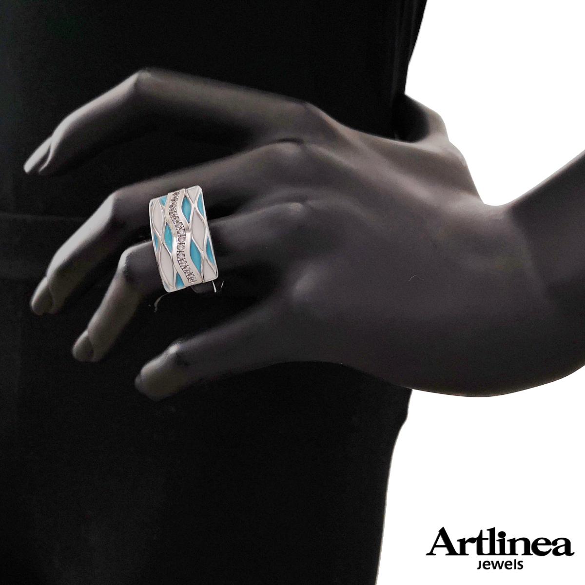925 rhodium-plated silver ring, hand-made enamelling and zircons pave
