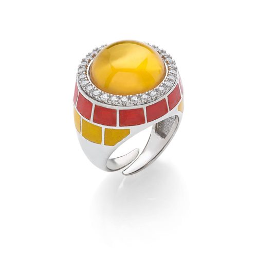 925 rhodium silver ring, handmade enamelling, with mother-of-pearl base hydrothermal and cubic zirconia