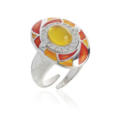 Ring in 925 rhodium-plated silver, handmade enamelling, with hydrothermal and cubic zirconia