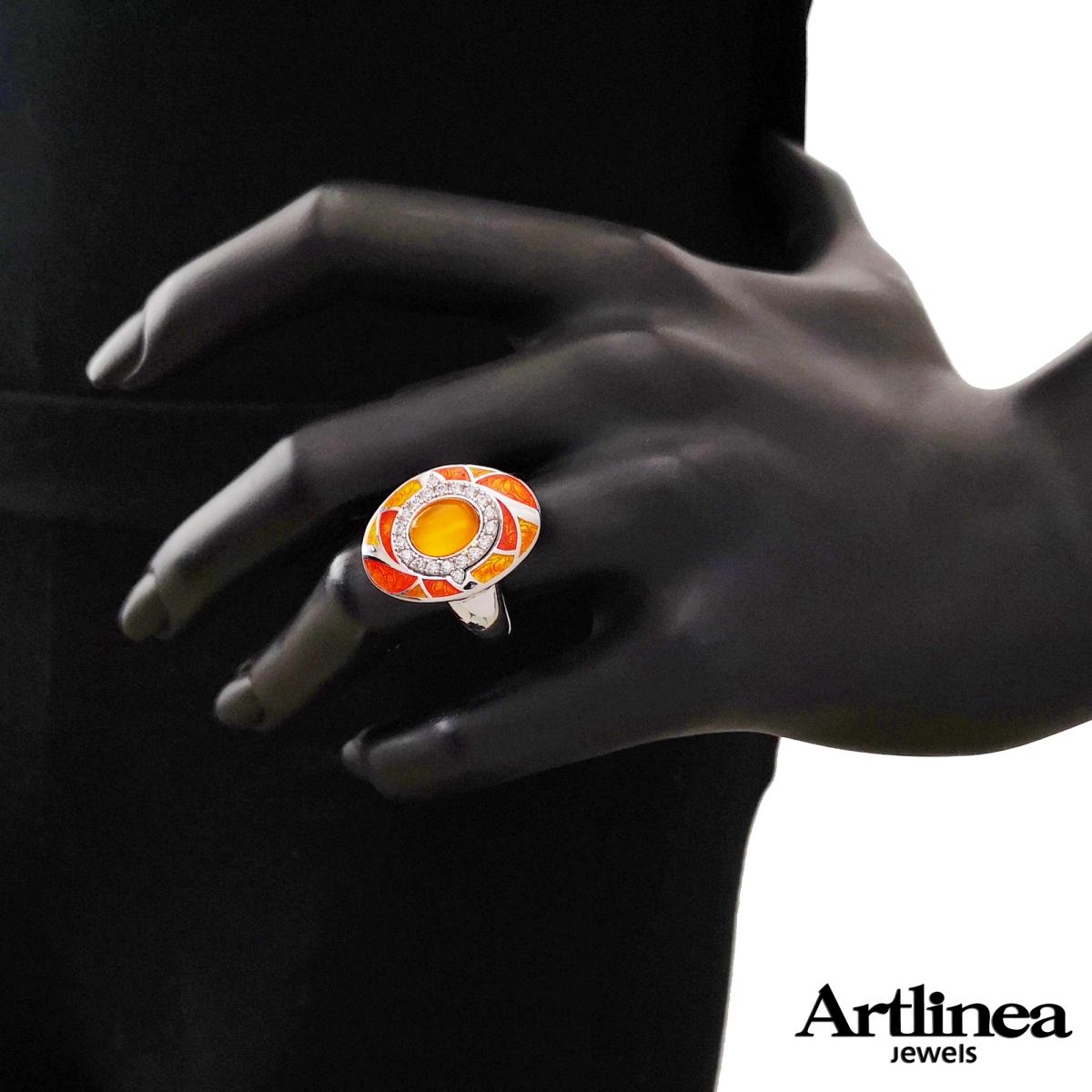 Ring in 925 rhodium-plated silver, handmade enamelling, with hydrothermal and cubic zirconia