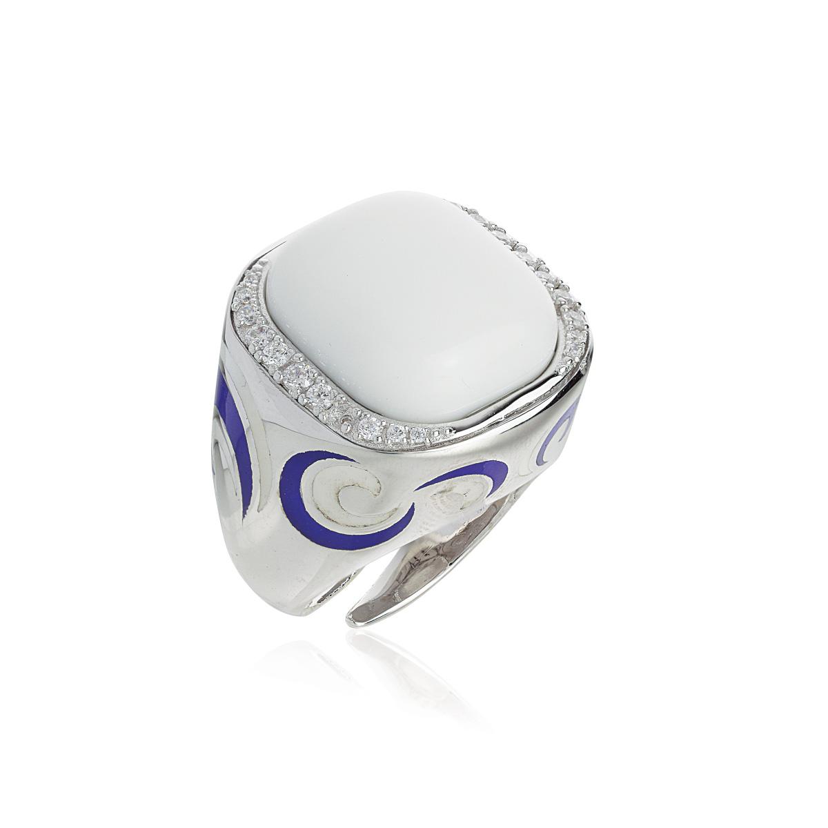 925 rhodium silver ring, hand made enamelling, natural stone and cubic zirconia
