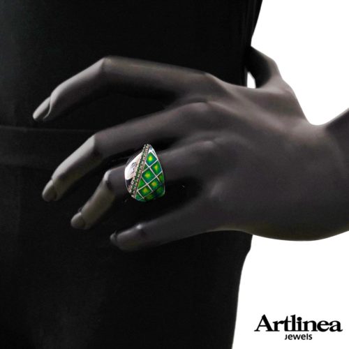 Ring in 925 rhodium-plated silver, hand-made enamelling, and cubic zirconia