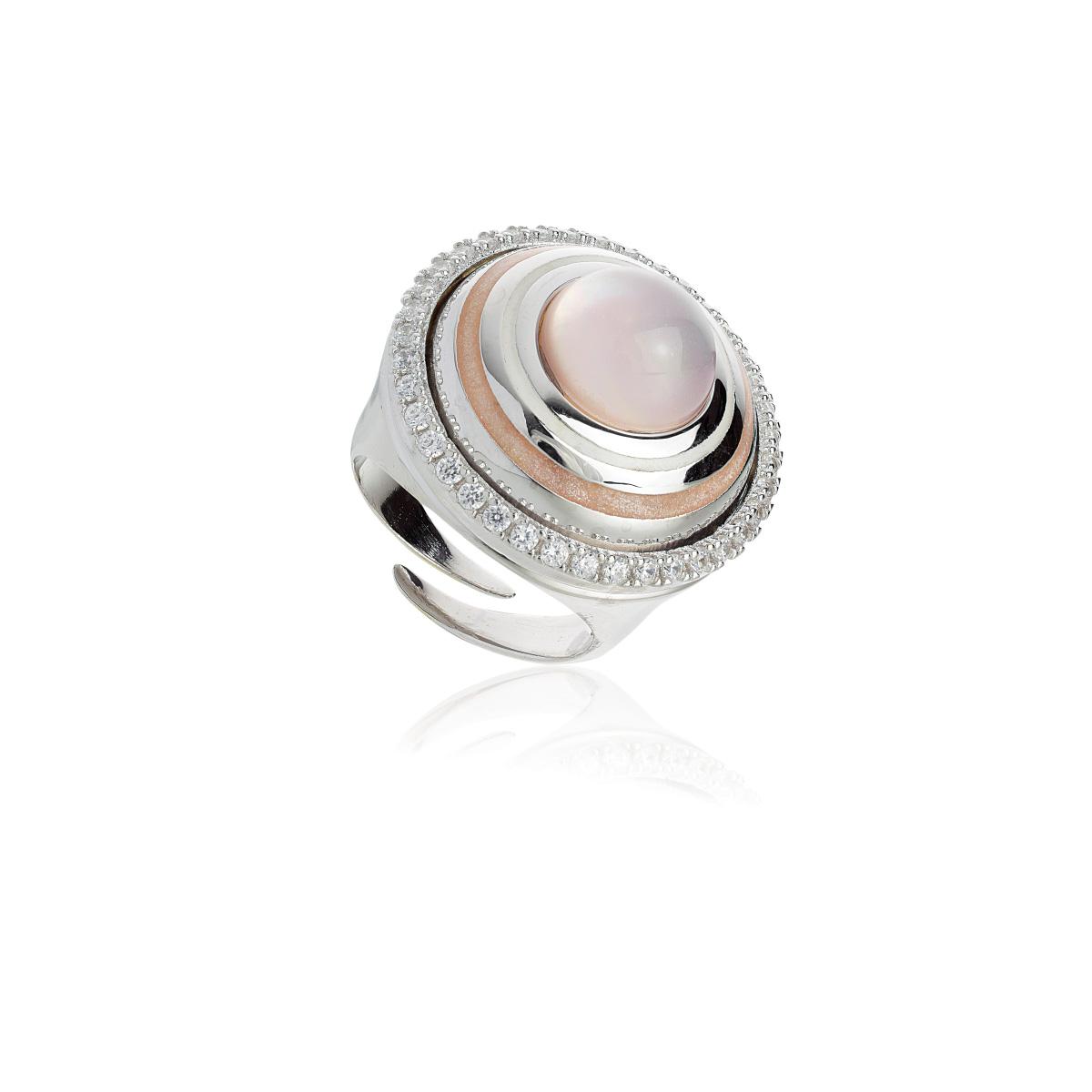 Ring in 925 rhodium-plated silver, handmade enamelling, with natural stone and cubic zirconia