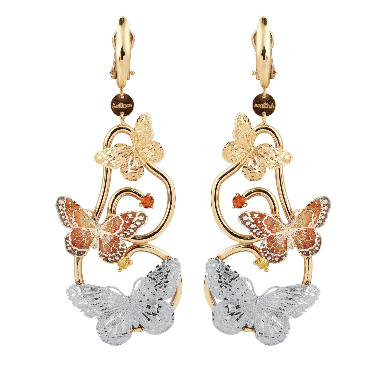 3 Butterflies earrings in 18kt two-tone gold, cathedral enamel and citrine stones - OCA296-MN