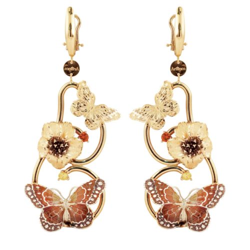 2 Butterflies and 1 flower earrings in 18kt two-tone gold, cathedral enamel and citrine stones - OCA298-MQ