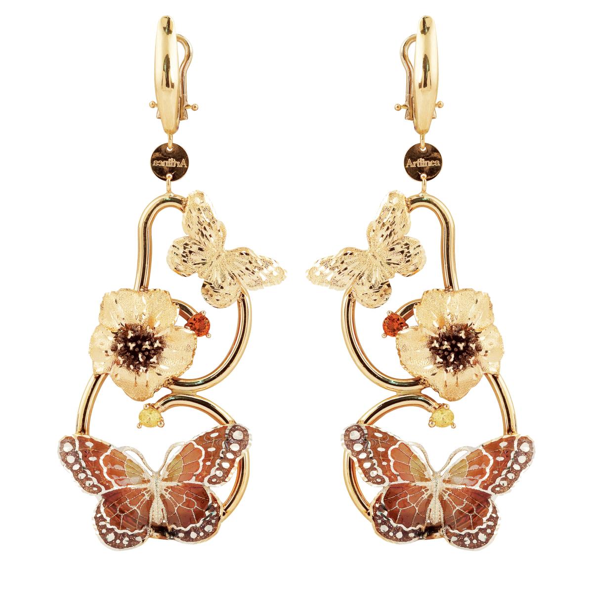 2 Butterflies and 1 flower earrings in 18kt two-tone gold, cathedral enamel and citrine stones - OCA298-MQ