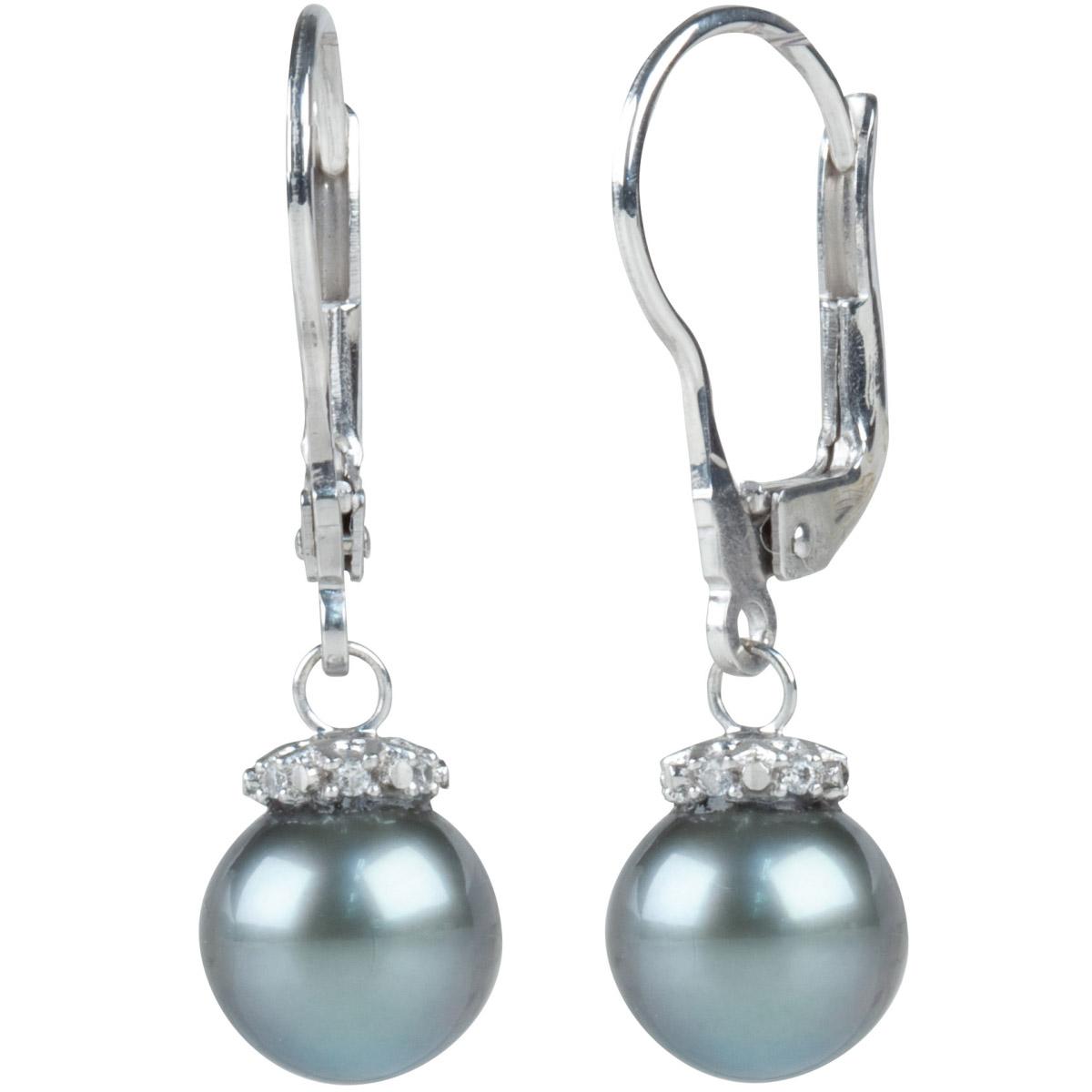 Hook earrings in 18 kt white gold with diamonds and black sea pearls 8-8.50 mm - OD277-4B