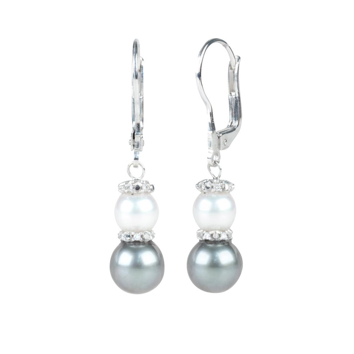Hook earrings in 18 kt white gold with diamonds and black and white sea pearls, one 6.50-7mm and one 8-8.50 mm - OD279-4B