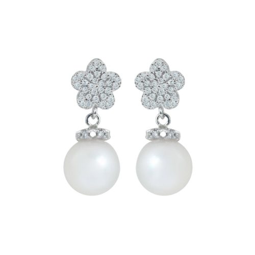 18 kt white gold earrings with diamond pavé flower and sea pearl 7-7.50 mm - OD293-4B