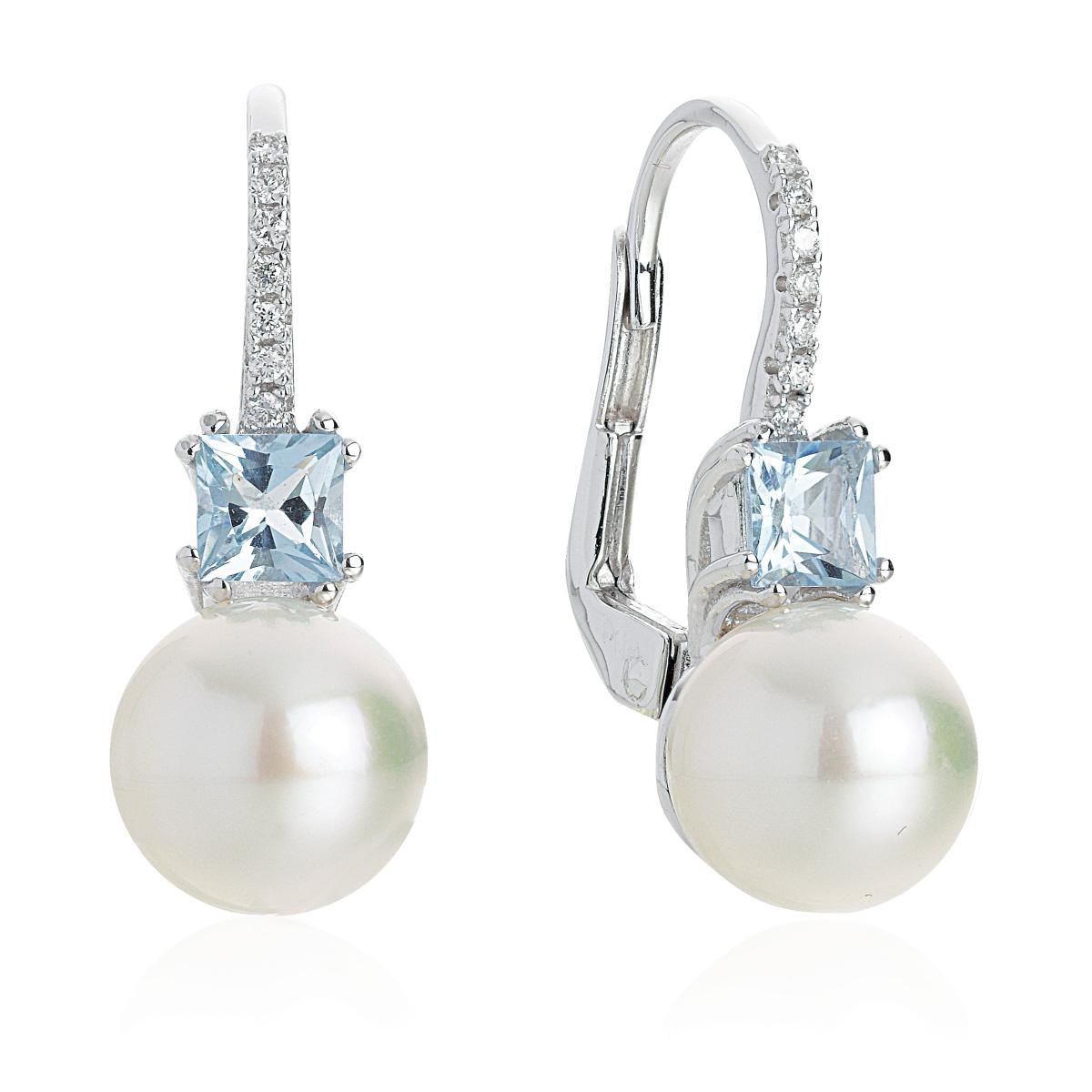 Hook earrings in 18 kt white gold with aquamarines, diamonds and sea pearls 8.50-9 mm - OD392/AC-LB