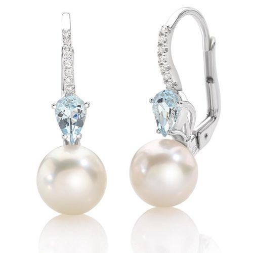 Hook earrings in 18 kt white gold with aquamarine, diamonds and sea pearl 8.50 - 9 mm - OD396/AC-LB