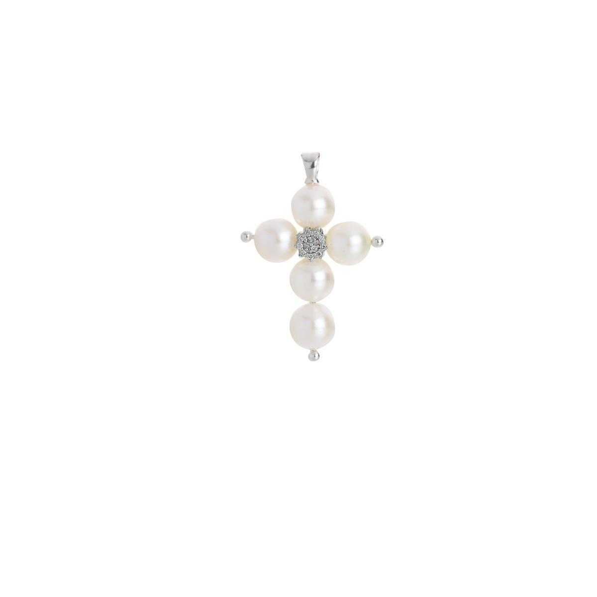 Pendant in 18 kt white gold, cross with pearls and diamonds - PD007-LB