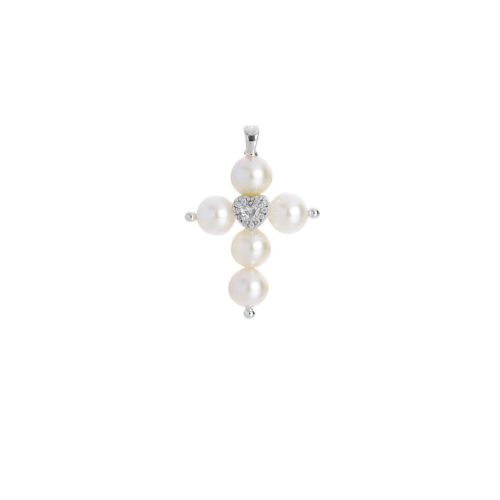 Pendant in 18 kt white gold, cross with pearls and diamonds - PD008-LB