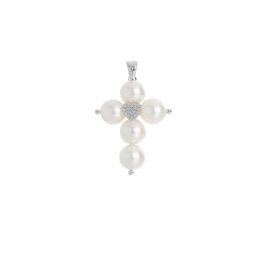 Pendant in 18 kt white gold, cross with pearls and diamonds - PD009-LB