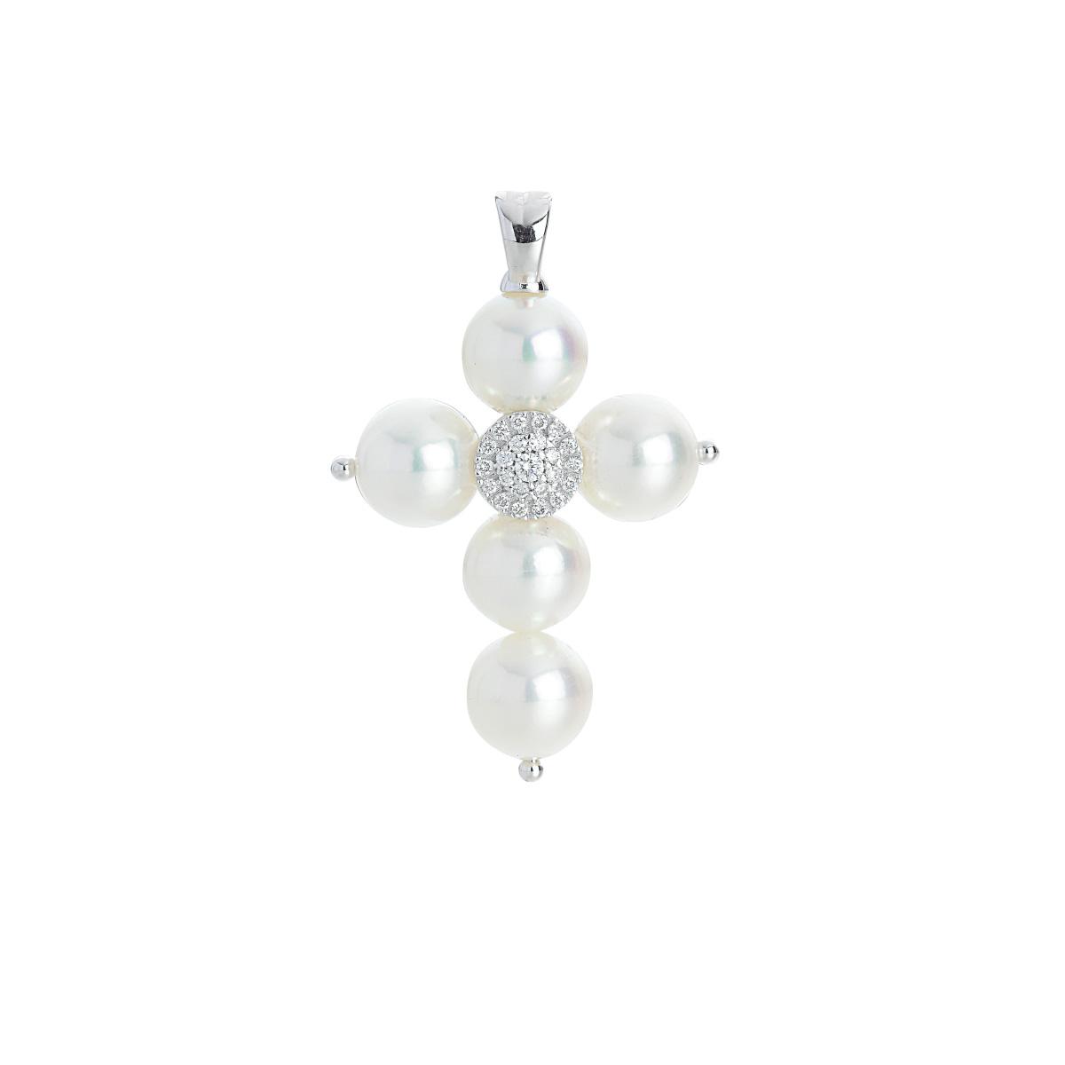 Pendant in 18 kt white gold, cross with pearls and diamonds - PD011-LB