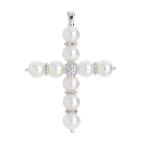 Pendant in 18 kt white gold, cross with pearls and diamonds - PD012-4B