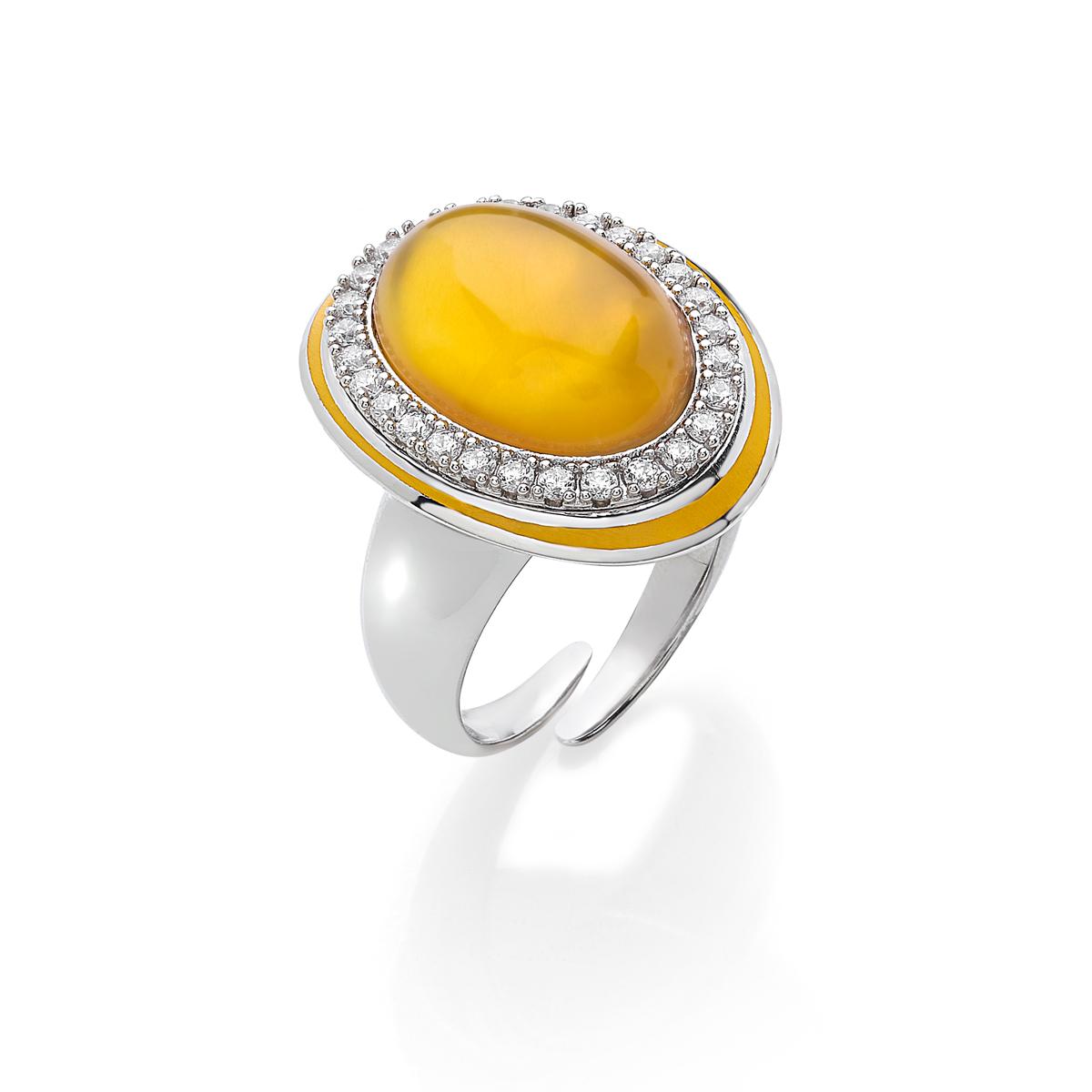 925 rhodium-plated silver ring, handmade enamelling, with hydrothermal citrine mother-of-pearl base and cubic zirconia - ZAN451-MB
