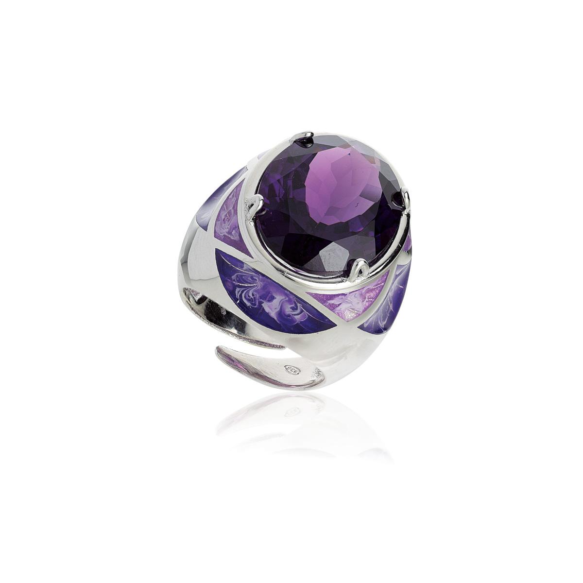 925 rhodium-plated silver ring, handmade enamelling, with hydrothermal Amethyst - ZAN459-MB