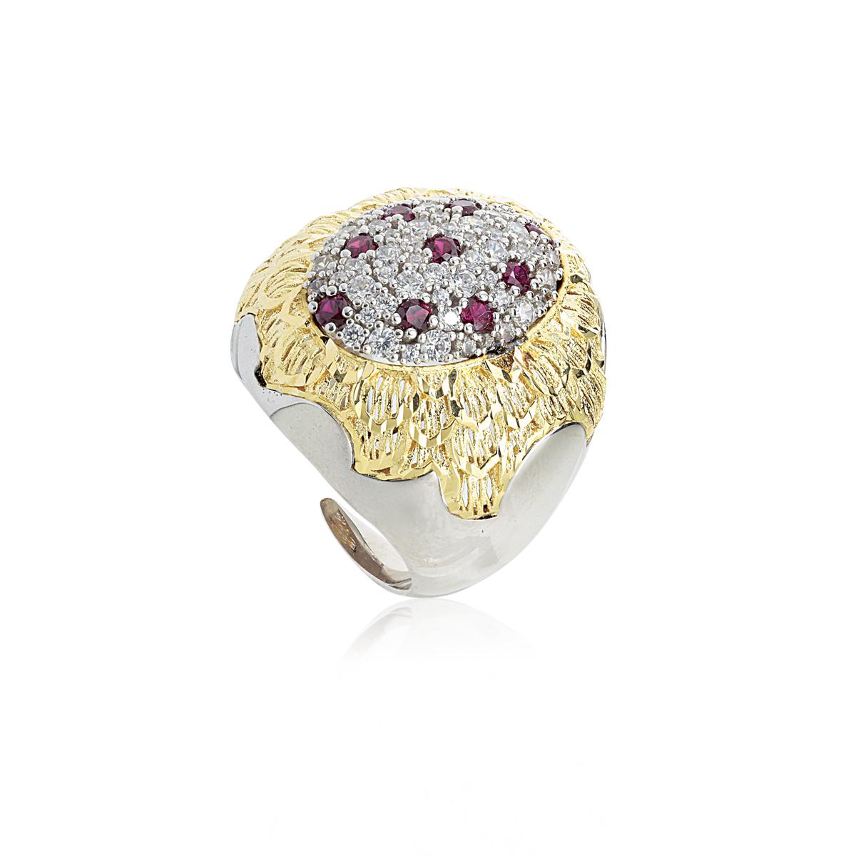 925 rhodium silver ring with golden inserts and zircons pave - ZAN519-LN