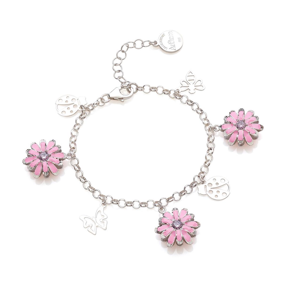 Double face Daisies charms bracelet in gilded or rhodium-plated 925 silver, enamel and cubic zirconia - ZBR680